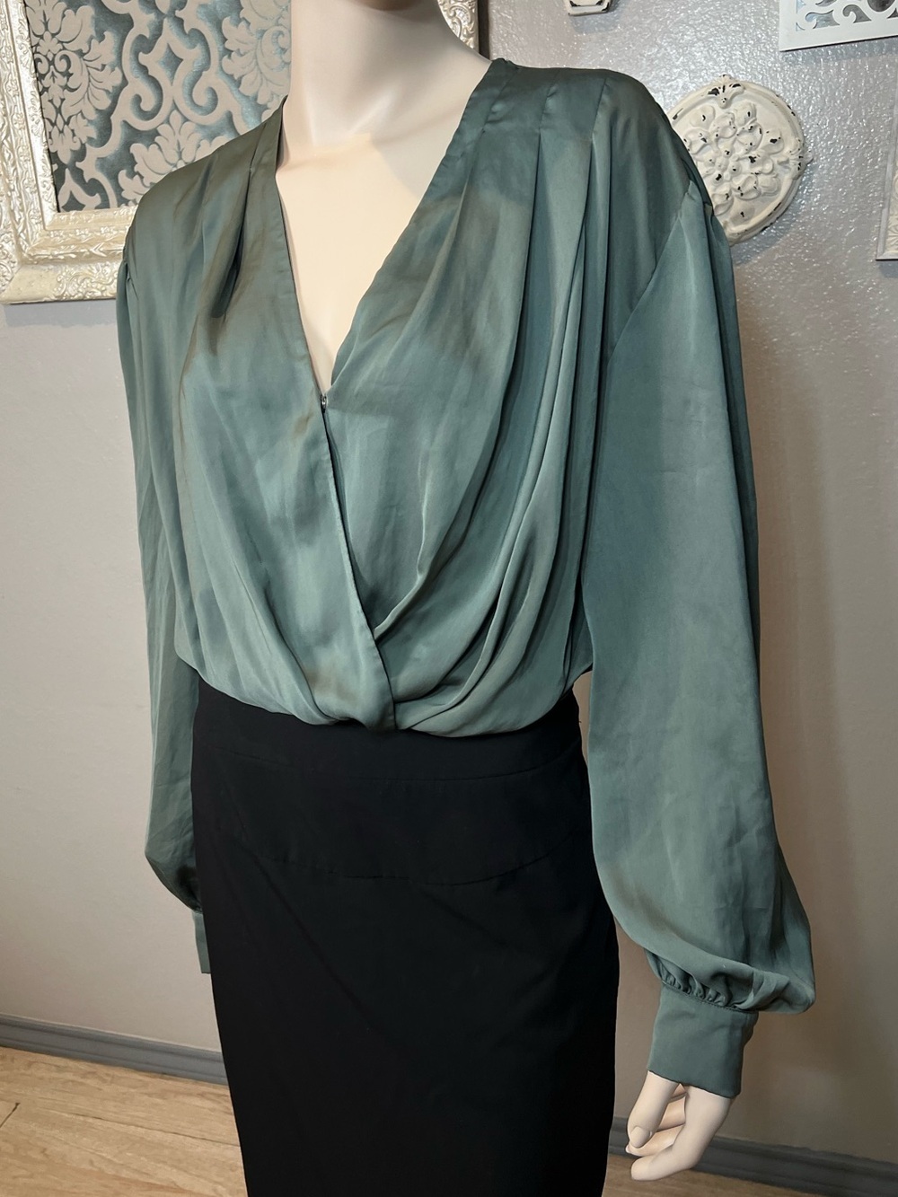 Women's Draped V-Neck Blouse in Sage Green